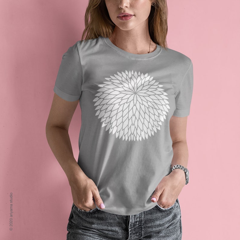 Japanese Chrysanthemum motif, Women's T Shirt, Soft Spun light gray/silver color shirt. image 1