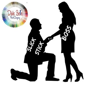 May include: Silhouette of a couple with the words "Slick Stick" written on the man and "Boss" written on the woman.