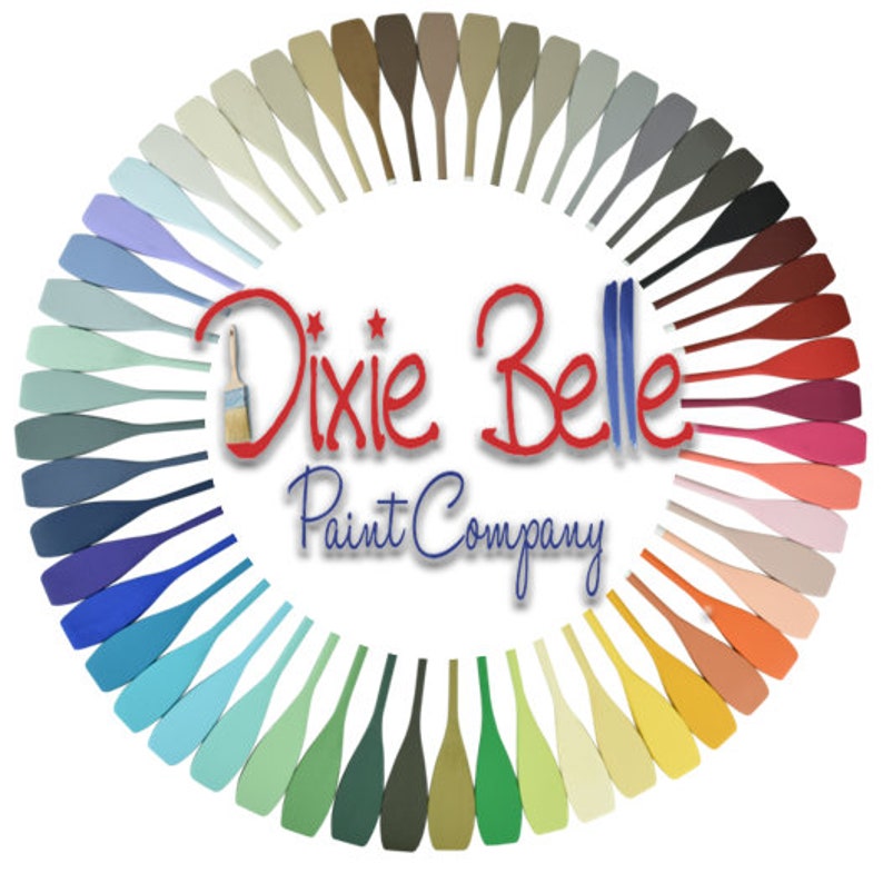 K&ouml;nnte beinhalten: Ein Kreis aus Farbmustern in verschiedenen Farbt&ouml;nen, die in einem Regenbogenmuster angeordnet sind. Das Logo der Dixie Belle Paint Company befindet sich in der Mitte des Kreises.