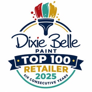 Może przedstawiać: Okrągłe logo przedstawiające stylizowany pędzel z czerwonym, turkusowym i ż&oacute;łtym włosiem u g&oacute;ry. Tekst brzmi Dixie Belle PAINT TOP 100 RETAILER 2025 SIX CONSECUTIVE YEARS w kolorze granatowym, ż&oacute;łtym i turkusowym na białym tle.