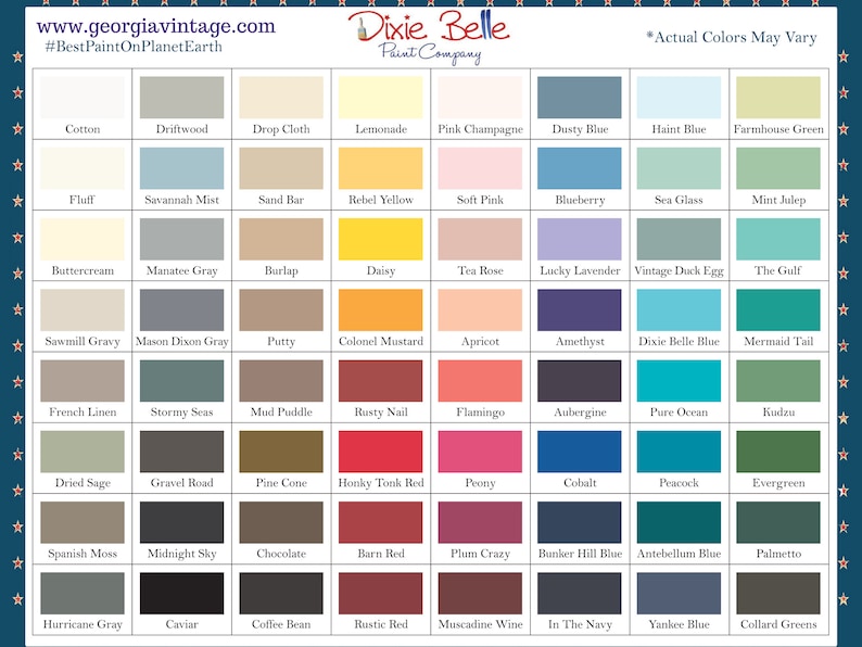 K&ouml;nnte beinhalten: Eine Farbkarte mit 60 Farben der Firma Dixie Belle Paint Company. Die Farben sind in Reihen und Spalten angeordnet, wobei jede Farbe einen Namen darunter hat. Die Karte hat einen wei&szlig;en Hintergrund mit einem blauen Sternenmuster.