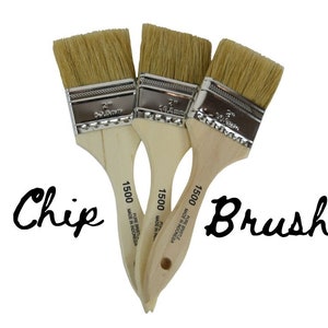 May include: Three 2-inch chip brushes with natural bristles. The brushes are made in Indonesia and are labeled "1500 Pure Bristle".