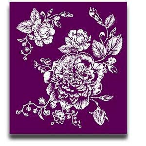 May include: A white floral design on a deep purple background. The design features a large rose with smaller roses and leaves.