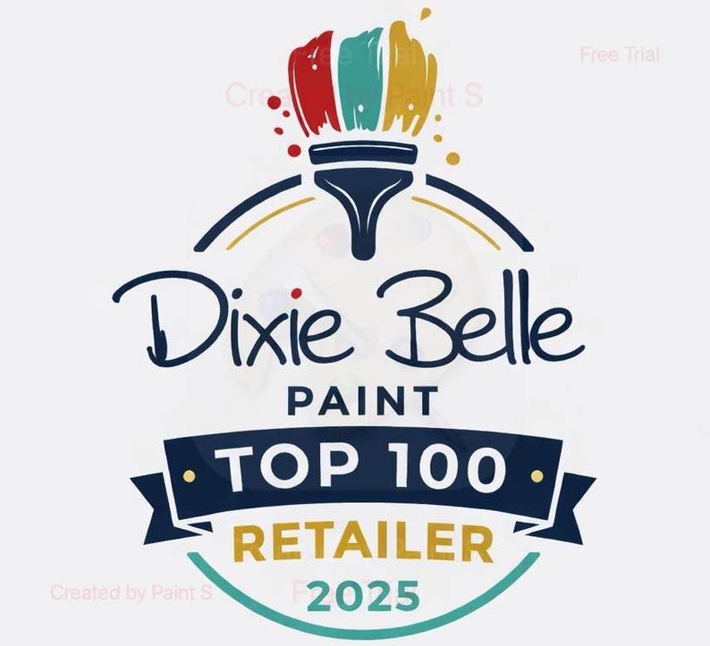 May include: The Dixie Belle Paint logo features a paintbrush with red, teal, and gold paint strokes. The text reads "Dixie Belle PAINT TOP 100 RETAILER 2025" in a navy blue and gold color scheme. The logo is on a white background.
