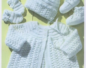 Baby Knitting Pattern PDF - Matinee coat/Jacket, Mitts, Bonnet and Booties DK