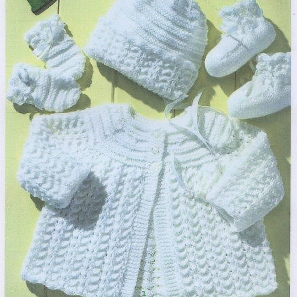 Baby Knitting Pattern PDF - Matinee coat/Jacket, Mitts, Bonnet and Booties DK