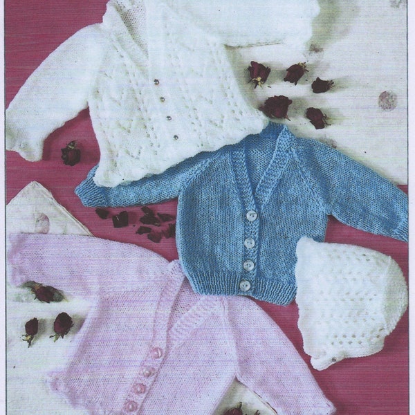 Baby Girls Boys Lacy Cardigan and bonnet Knitting Pattern DK 14 - 22in Premmie - 2 years PDF digital download 3cardigan patterns and bonnet