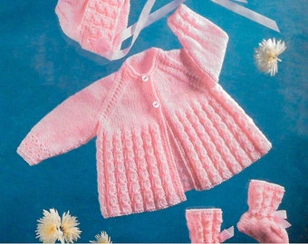 Baby knitting pattern matinee jacket, bonnet and bootees PDF digital download Double Knitting instant download