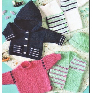 May include: Four knitted baby garments: a blue hooded cardigan with white stripes, a pink sweater with navy blue trim, a green cardigan with pink stripes, and a white cardigan with green stripes.