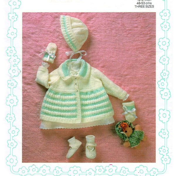Baby knitting pattern for Matinee jacket, bonnet and mitts vintage 19-21 inch in DK. A PDF file instant digital download.