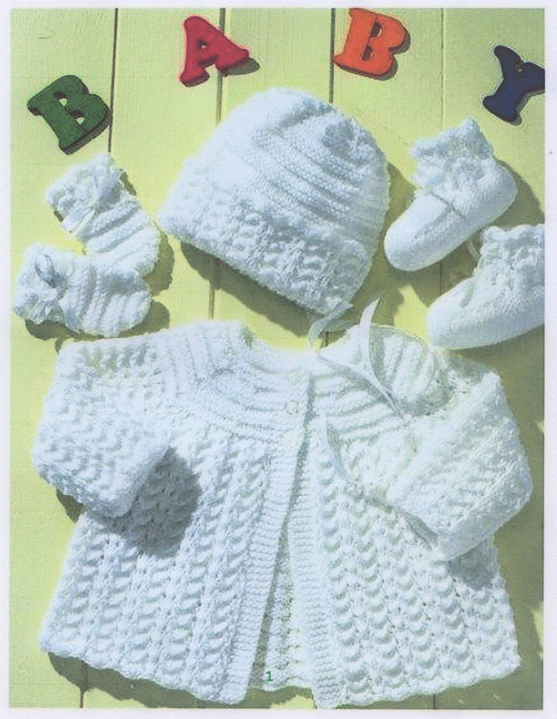 Baby Knitting Pattern PDF Matinee coat/Jacket, Mitts, Bonnet and Booties DK image 1