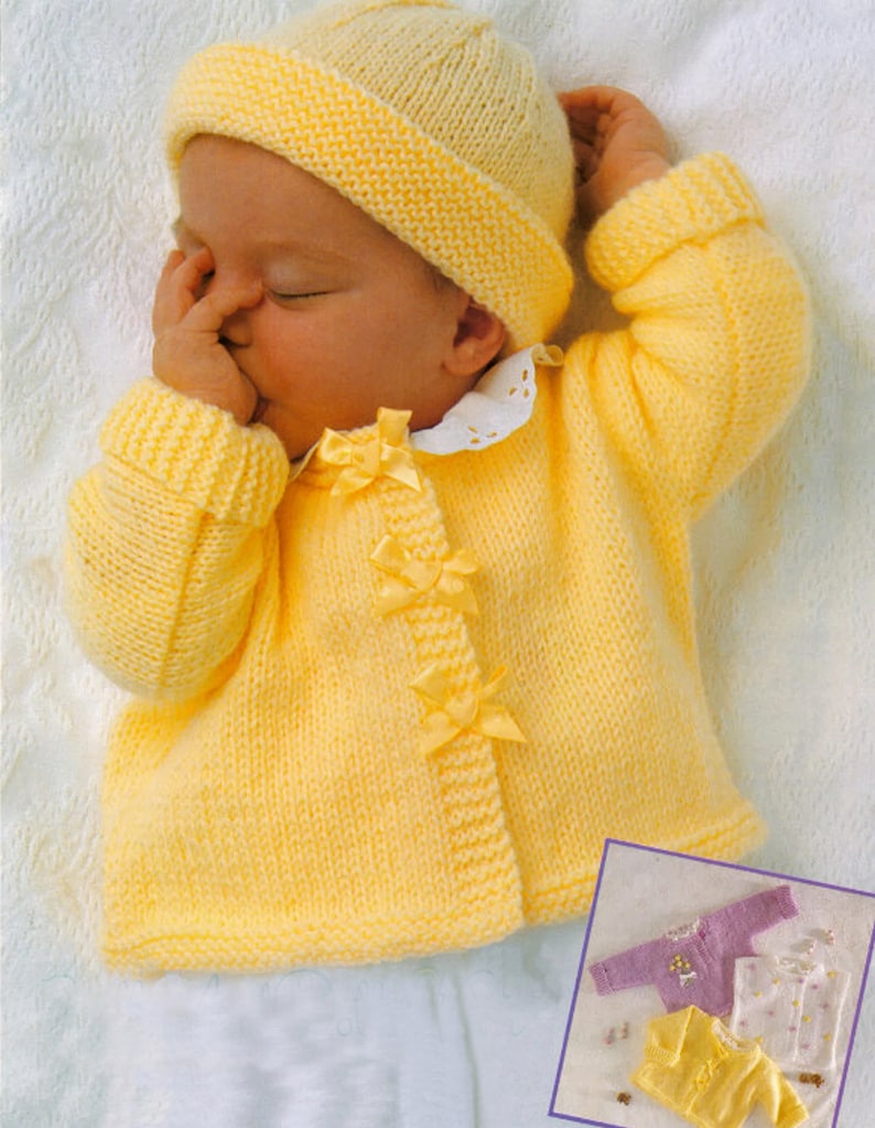 Baby Knitting Pattern for a Ribbon Cardigan, A Jacket Pullover Sweater, Bolero and Hat Set. PDF digital download DK image 1
