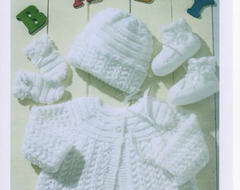 Baby Knitting Pattern PDF - Matinee coat/Jacket, Mitts, Bonnet and Booties DK