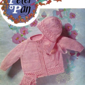 Stickmönster för babyjacka, mössa och stövlar, storlek 46-51 cm. Pdf-fil, laddas ner direkt, DK, vintagemönster, enkelt stickat.