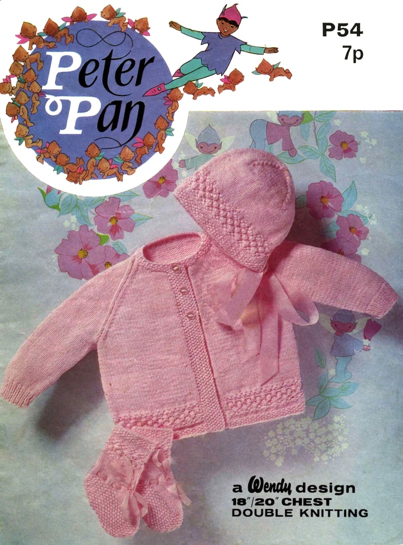 May include: A pink knitted baby cardigan, hat, and booties set. The set is made with a double knit stitch and features a button closure on the cardigan. The pattern is called "Peter Pan" and is a Wendy design for a 18-20 inch chest.