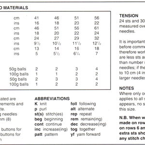 May include: Knitting pattern chart with measurements and materials for a sweater and cardigan. The chart includes yarn weight, needle size, and tension information. The chart also includes abbreviations for knitting terms.