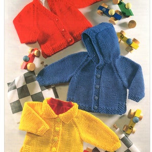 May include: Three knitted baby cardigans in red, blue and yellow. The red cardigan has a button closure, the blue cardigan has a hood and button closure, and the yellow cardigan has a collar and button closure.