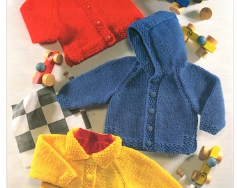May include: Three knitted baby cardigans in red, blue and yellow. The red cardigan has a button closure, the blue cardigan has a hood and button closure, and the yellow cardigan has a collar and button closure.
