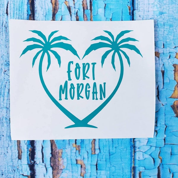 Palm Tree Heart decal, any beach name Car Decal, Fort Morgan, Gulf Shores, Panama City, Pensacola, Miami-Orange Beach, Myrle Beach, Daytona