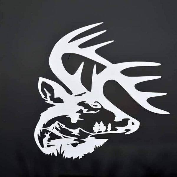 Deer Head Mountain Scene Car Decal - Hunter Gift