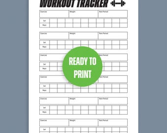 Workout Tracker Planner Printable PDF for logging Weight, Reps, Sets and Rest