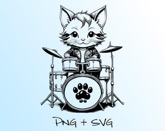 Rockstar Cat Playing Drums Fun Clip Art, PNG and SVG