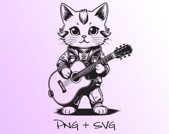 Cute Rockstar Cat Playing Acoustic Guitar Fun Clip Art, PNG and SVG