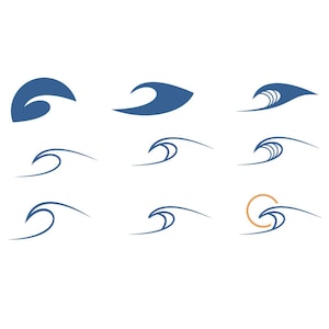 Puede incluir: Nueve ilustraciones de olas estilizadas en azul. Los diseños varían, algunos son simples, otros más complejos, representando crestas de olas. Un diseño incluye un sol. Ideal para logotipos o gráficos.