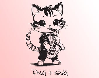 Anime Cat Playing Saxophone Fun Clip Art, PNG and SVG
