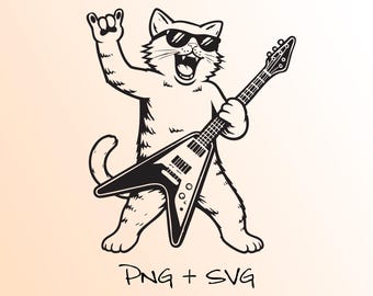 Heavy Metal Cat Playing Electric Guitar Fun Clip Art, PNG and SVG