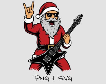 Rocking Santa Clause Playing Electric Guitar Coloured, Fun Christmas Clip Art, PNG and SVG