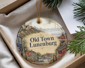 Old Town Lunenburg Watercolor Ceramic Ornament, Lunenburg Nova Scotia Coastal Town Scene Keepsake Christmas Tree Decoration