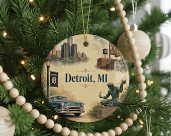 Detroit MI Watercolor Ceramic Ornament, Detroit Michigan Souvenir Ornament, Detroit Skyline Landmark Christmas Tree Decoration
