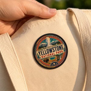 Yellowstone National Park Travel Poster Style Iron-On Patch, Wyoming USA Souvenir Badge, Outdoor Adventure Hiking Camping Patch