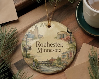 Rochester Minnesota Ceramic Ornament, Watercolor Rochester MN Souvenir, Minnesota Travel Gift, Rochester Keepsake Ornament