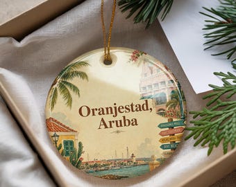 Oranjestad Aruba Watercolor Ceramic Ornament, Caribbean Island Souvenir, Aruba Travel Keepsake, Oranjestad City Landmark Decor