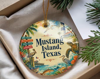 Mustang Island Texas Ceramic Ornament, Watercolor Coastal Beach Souvenir, Texas Gulf Coast Vacation Keepsake Gift