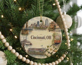 Cincinnati OH Ceramic Ornament, Watercolor Cincinnati Skyline Souvenir, Ohio Travel Gift, Cincinnati Christmas Tree Decoration