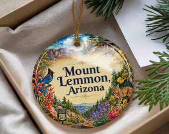 Mount Lemmon Arizona Ceramic Ornament, Watercolor Mountain Landscape Souvenir, Tucson AZ Travel Keepsake Gift