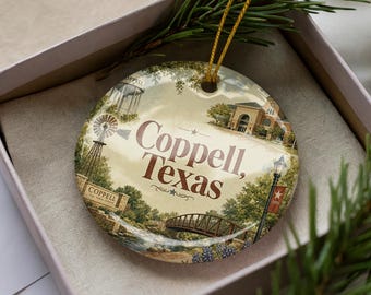 Coppell Texas Ceramic Ornament, Watercolor Style City Souvenir, Coppell TX Travel Keepsake, Texas Gift, Holiday Tree Decoration