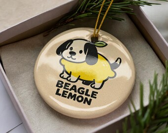 Beagle with Lemon Ceramic Ornament, Cute Minimalist Kawaii Cartoon Dog Christmas Tree Decoration, Pet Lover Gift