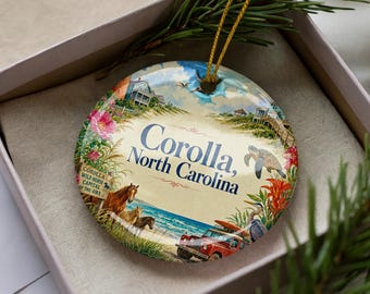 Corolla North Carolina Watercolor Ceramic Ornament, Outer Banks Coastal Town Souvenir, Beach Vacation Keepsake Gift