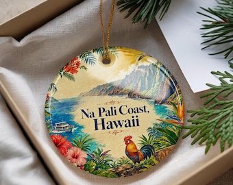 Na Pali Coast Hawaii Ceramic Ornament, Watercolor Coastal Cliffs Kauai Seascape Keepsake, Hawaii Travel Souvenir Gift
