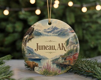 Juneau Alaska Ceramic Ornament, Juneau AK Souvenir Keepsake, Watercolor Style Juneau Travel Gift, Alaska Vacation Ornament