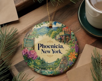 Phoenicia New York Ceramic Ornament, Watercolor Phoenicia NY Town Souvenir, Catskills Travel Gift, Christmas Tree Decoration