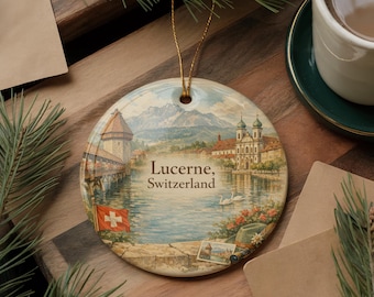 Lucerne Switzerland Watercolor Ceramic Ornament, Lake Lucerne Chapel Bridge Souvenir, Swiss Travel Keepsake Gift