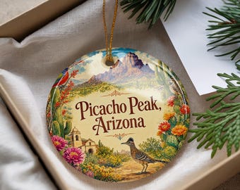 Picacho Peak Arizona Ceramic Ornament, Watercolor Desert Mountain Landmark Souvenir, Tucson Area Travel Gift, Southwest Holiday Decor
