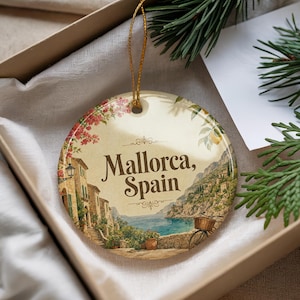 Mallorca Spain Ceramic Ornament, Watercolor Mallorca Island Travel Souvenir, Spanish Mediterranean Vacation Keepsake Decor