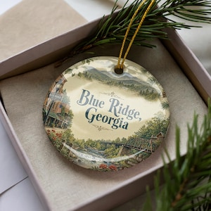 Blue Ridge Georgia Watercolor Ceramic Ornament, Blue Ridge Mountain Town Souvenir, Georgia Travel Keepsake Ornament