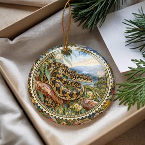 Carpet Python Ceramic Ornament, Vintage Watercolor Travel Stamp Snake Christmas Tree Decoration, Reptile Gift, Aussie Wildlife Ornament